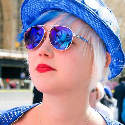 "The Nose" float reflected in Madeleina Kay's shades, Houses of Parliament, London - 1st April 2019.